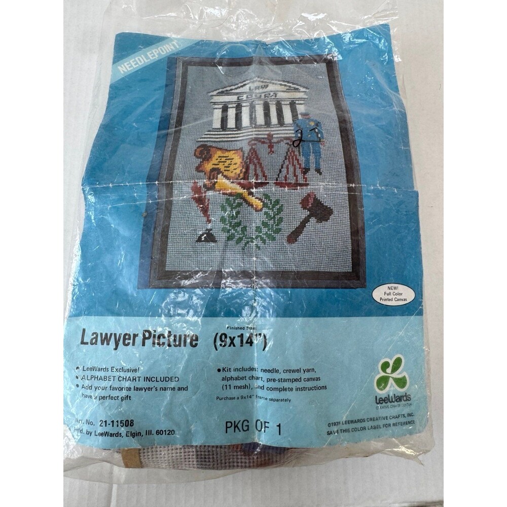 Vintage 1970s LeeWards Lawyer Picture Needlepoint Kit Law Court Scene 9x14”